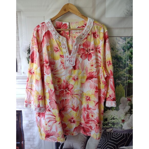 Alfred Dunner 24W 3X Floral Top 100% Cotton Spring Summer Crochet Boho Festival - Picture 6 of 10